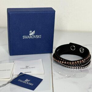 Swarovski Slake Crystal Layered Wrap Bracelet Black Faux Suede Swan Signed NIB